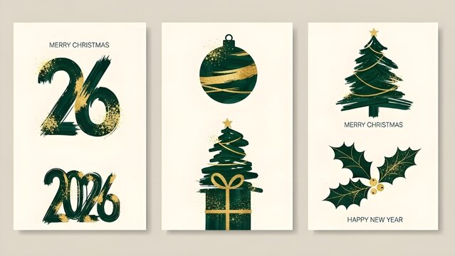 Abstract Christmas Greeting Card Set with Green and Gold
