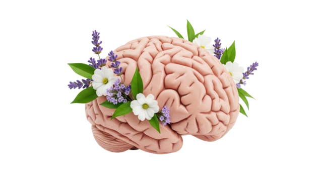 Human brain with flowers isolated PNG, anatomical model decorated with lavender and white blossoms on transparent background, mental health concept