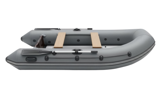 Gray inflatable boat PNG isolated on transparent background, rubber dinghy with oars and wooden seats for fishing and recreation