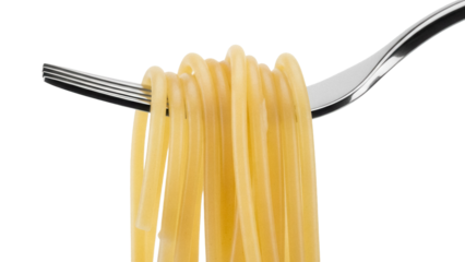 Spaghetti on a fork isolated PNG, close-up of pasta strands twirled around utensil for food presentation and culinary design