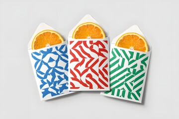 Colorful patterned envelopes with orange slices for a vibrant and refreshing presentation
