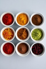 Colorful spices in bowls arranged neatly on a gray surface from above view angle