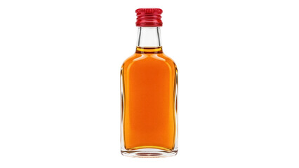 Small whiskey bottle with red cap isolated PNG on transparent background, miniature liquor bottle...
