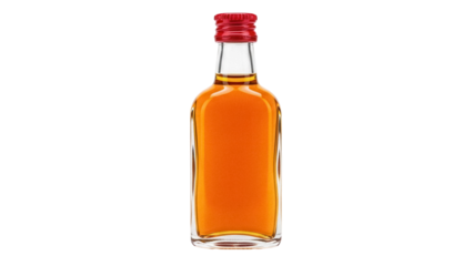 Small whiskey bottle with red cap isolated PNG on transparent background, miniature liquor bottle for travel and sample size