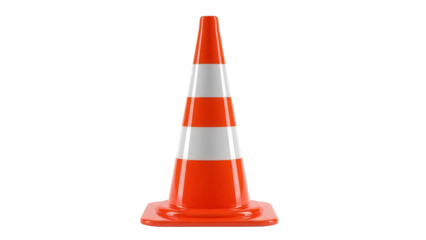 Orange and white striped traffic cone isolated PNG, safety equipment for road construction and hazard warning on transparent background