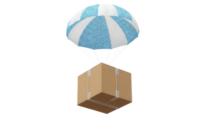 Cardboard box with parachute PNG isolated on transparent background, delivery concept for e-commerce and shipping services