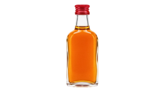 Small whiskey bottle with red cap isolated PNG on transparent background, miniature liquor bottle for travel and sample size