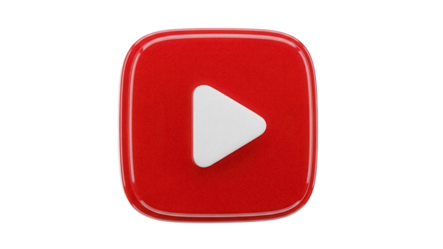 Red YouTube play button PNG isolated on transparent background, social media icon for video content and streaming platforms