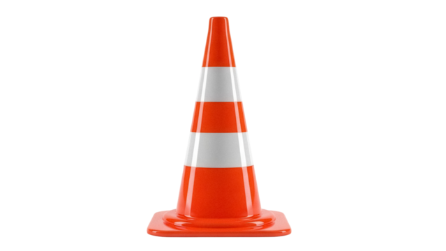 Orange and white striped traffic cone isolated PNG, safety equipment for road construction and hazard warning on transparent background