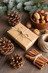 Festive holiday gift with natural elements and rustic charm on wooden surface top view