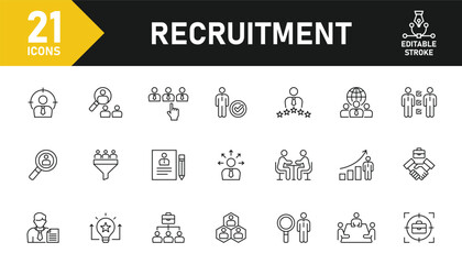 Recruitment line icon set. Set of 21 outline icons related to job recruitment, job hiring, human resource, interview, headhunting, job fair and others. Editable stroke. Vector illustration.