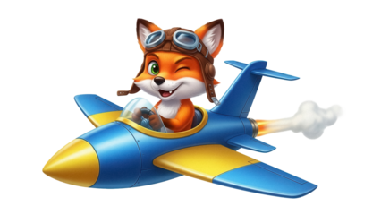 Cartoon fox pilot in blue and yellow airplane PNG isolated on transparent background, playful animal character for kids design