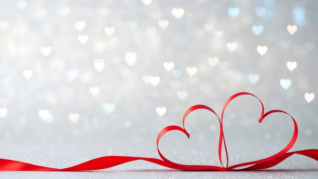 Romantic red ribbon hearts on sparkling silver background