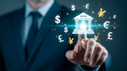 Businessman touching bank icon with currency symbols around it