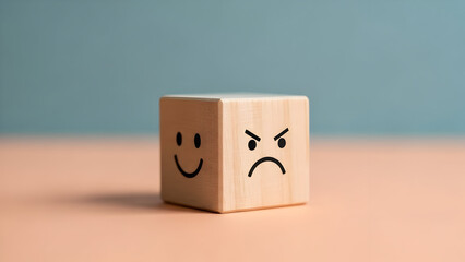 Wooden cube with happy and angry face expressions