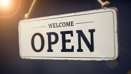 Vintage open sign hanging in storefront window light