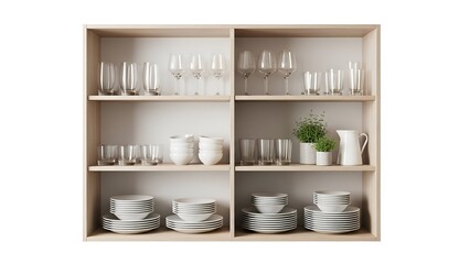 A wooden cabinet filled with glassware, dishware, and a small potted plant