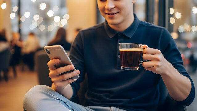 Young man using phone and drinking coffee in cafe - Powered by Adobe