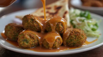 Close-up of freshly fried falafel balls being generously drizzled with a rich, flavorful sauce, showcasing an appetizing and traditional Middle Eastern culinary delight