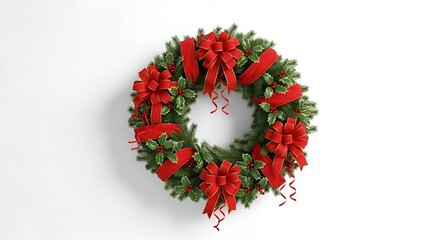 Festive evergreen wreath with red ribbons, bows, and holly berries on white background