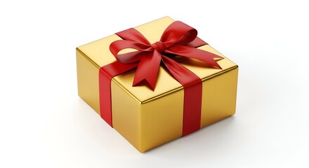 Obraz premium Gold gift box tied with a vibrant red ribbon, a festive present on white
