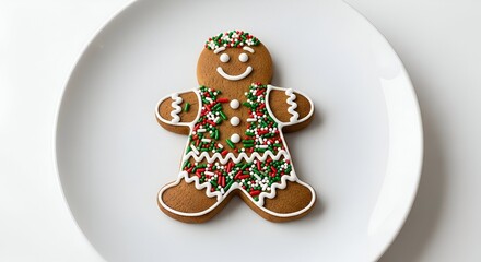 Obraz premium Overhead shot of a festive gingerbread man cookie on a white plate