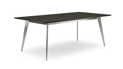 Modern rectangular dining table, dark wood top, angled metal legs, white background