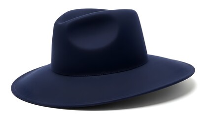 A navy blue fedora hat, isolated on white with soft lighting and subtle shadowing