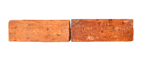 Side view of two cracked old red or orange bricks in stack isolated with clipping path in png file format