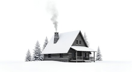 A cozy snow-covered cabin with smoke rising from the chimney. Pine trees dot the snowy landscape