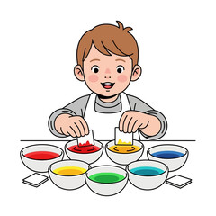 Boy Dyes Paper in Colorful Bowls, Wearing Apron, Smiling, Cartoon Style.