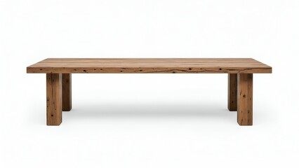 A simple, rectangular wooden table with four thick legs on a plain white background