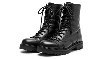 Pair of black leather combat boots on a white backdrop, laced up and ready