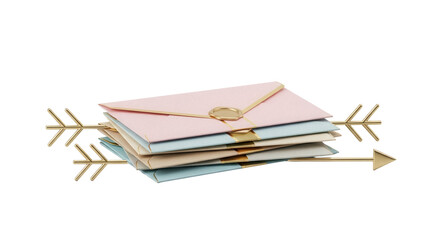 Stack of pastel envelopes with gold arrow isolated PNG, elegant stationery for invitations and special occasions on transparent background