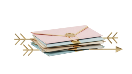Stack of pastel envelopes with gold arrow isolated PNG, elegant stationery for invitations and special occasions on transparent background