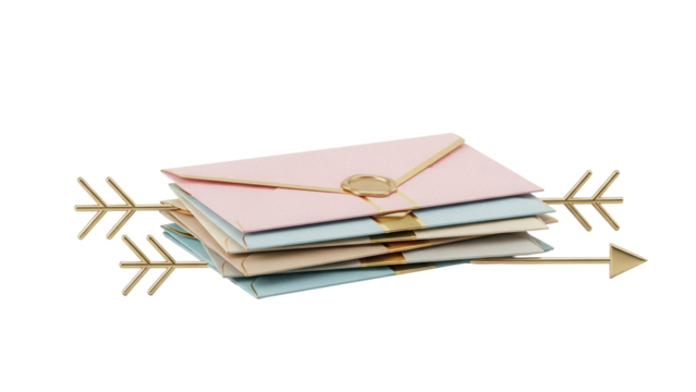 Stack of pastel envelopes with gold arrow isolated PNG, elegant stationery for invitations and special occasions on transparent background - Powered by Adobe