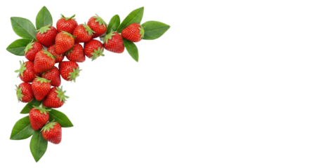 Fresh strawberries with green leaves corner border layout