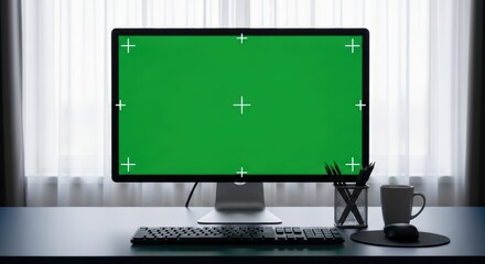 Modern desktop computer monitor with a vivid green screen for chroma key compositing, on a sleek desk in a contemporary office, ideal for digital content integration and mockups