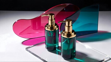 Stunning luxury skincare serum bottles with gold pumps displayed with vibrant pink and blue acrylic art