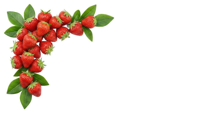 Fresh strawberries with green leaves corner border layout