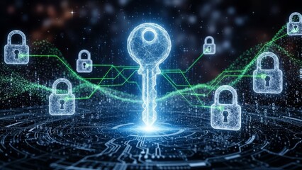 Digital key and lock icons representing cybersecurity concept.