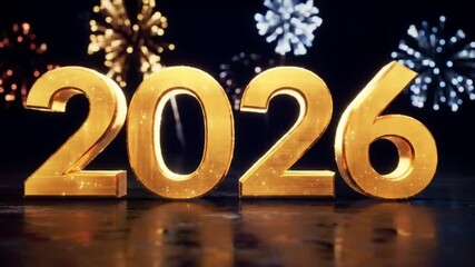Golden 2026 numbers with sparkling fireworks and dark background celebratory announcement new year