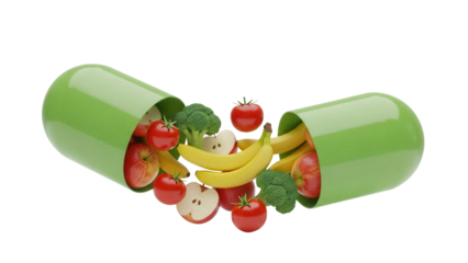 Nutritional supplement with fresh fruits and vegetables isolated PNG, healthy diet concept for wellness and balanced lifestyle