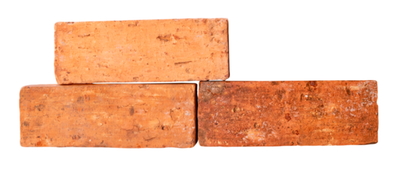 Side view of three cracked old red or orange bricks in stack isolated with clipping path in png file format