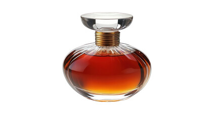 Elegant glass bottle filled with amber liquid, perfect for presentations, transparent background