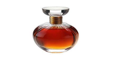 Elegant glass bottle filled with amber liquid, perfect for presentations, transparent background