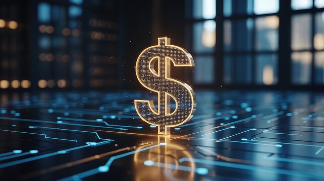 Digital dollar sign glowing on futuristic circuit board, symbolizing financial technology and cybersecurity solutions for modern banking and investment
