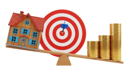 House and target on seesaw with gold coins isolated PNG, financial balance and investment concept for real estate and property market