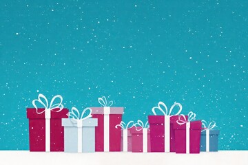 Festive collection of colorful christmas gift boxes with ribbons under falling snow on a bright blue background