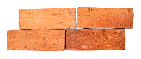 Obraz premium Side view of four cracked old red or orange bricks in stack isolated on white background with clipping path